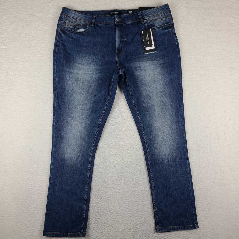 Kenneth Cole Jeans Mens 42x32 Blue Straight Fit BCI Cotton Dark Wash Denim NEW